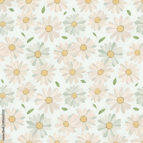Floral pattern of daisies with soft colors and scattered green leaves design