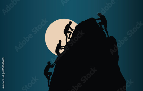 Four people are helping each other to climb a steep mountain at night with a large moon in the background silhouette