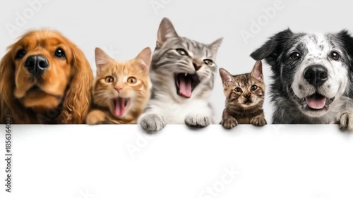 Five pets lean over a white barrier; two dogs frame three curious cats with soh calm expressions now