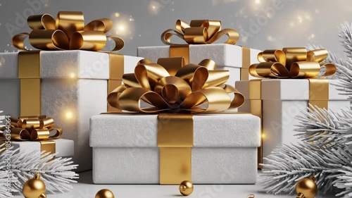 White and gold presents with bows and christmas ornaments on a white surface