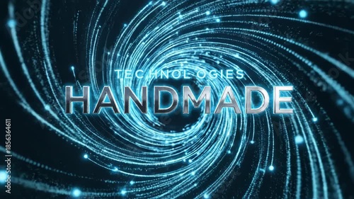 Glowing blue swirling lines and dots on dark background with text