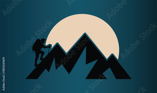 A silhouette of a hiker climbing a mountain range in front of a large moon at sunset silhouette