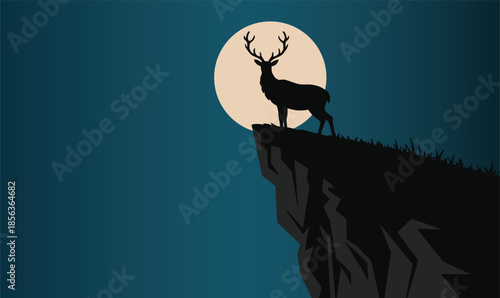 A silhouette of a majestic deer with large antlers stands on a cliff edge against a large moonlit night sky