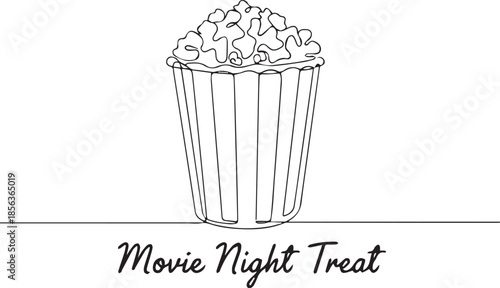 Black and white vector illustration of striped popcorn container with “Movie Night Treat” cursive caption