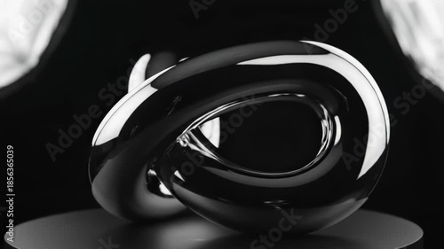 Shiny metallic sculpture on a black background with reflections