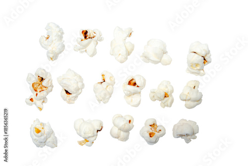 Pieces of Popcorn: Scattered Popcorn Kernels Isolated Food, Popcorn Art Displaying Whimsical Snack Moments in Twenty Unique Popped Variations on Transparent Background.