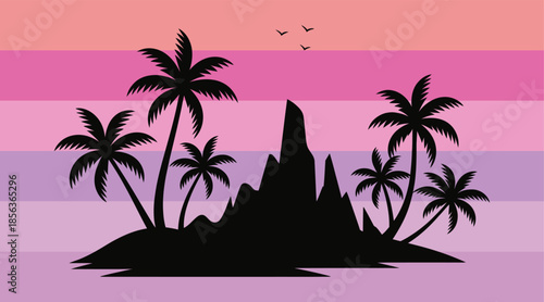 A serene island silhouette at sunset with palm trees and a rocky shore against a vibrant pink and purple sky