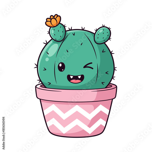 A cute, winking cartoon cactus with a bright orange flower sits cheerfully in a pink pot, adorned with a stylish white chevron pattern.