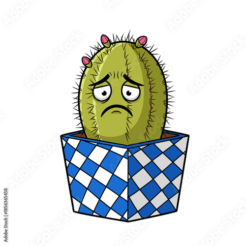 A sad-faced cartoon cactus, vibrant green with pink buds, sits dejectedly in a blue and white checkered pot, conveying a poignant sense of melancholy.