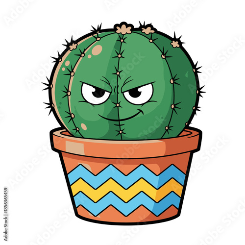 A cartoon cactus with an angry face sits in a decorative pot, showcasing a mischievous and prickly personality perfect for playful designs.