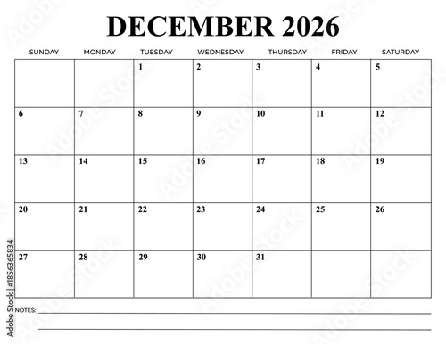 Wallpaper Mural December 2026 Monthly Calendar – Minimal Printable Planner

Clean and minimal december 2026 monthly calendar template with Sunday start. Features spacious date boxes and a notes section at the bottom. Torontodigital.ca