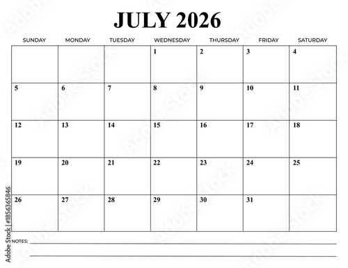 Wallpaper Mural July 2026 Monthly Calendar – Minimal Printable Planner

Clean and minimal july 2026 monthly calendar template with Sunday start. Features spacious date boxes and a notes section at the bottom. Torontodigital.ca