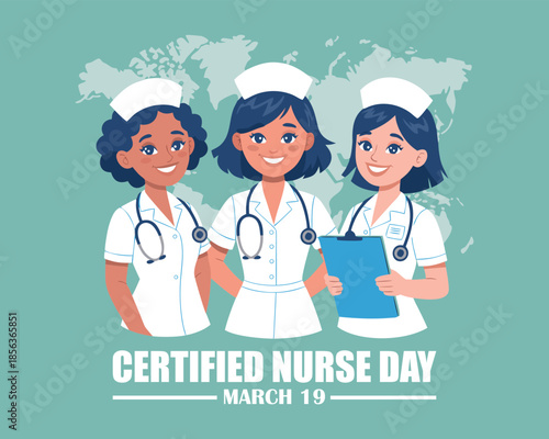 Certified Nurses Day vector. Male and female nurses in blue uniform vector. Man and woman nurses icon set vector. Certified Nurses Day Poster, March 19. Important day