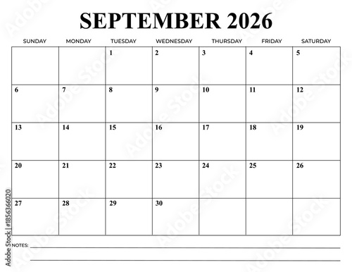 Wallpaper Mural September 2026 Monthly Calendar Minimal Printable 
Planner Clean and minimal september 2026 monthly calendar template with Sunday start. Features spacious date boxes and a notes section at the bottom. Torontodigital.ca