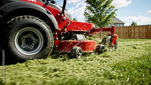 A red lawn mower cutting grass on a sunny day with a wooden fence in the background