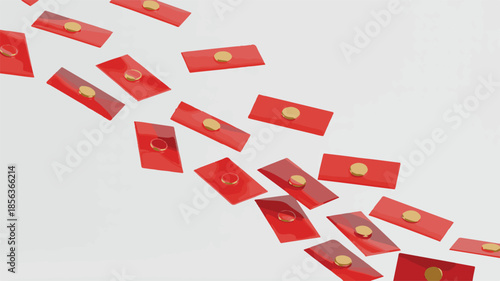 Scattered Red Envelopes with Gold Coins on a White Background hongbao lucky money