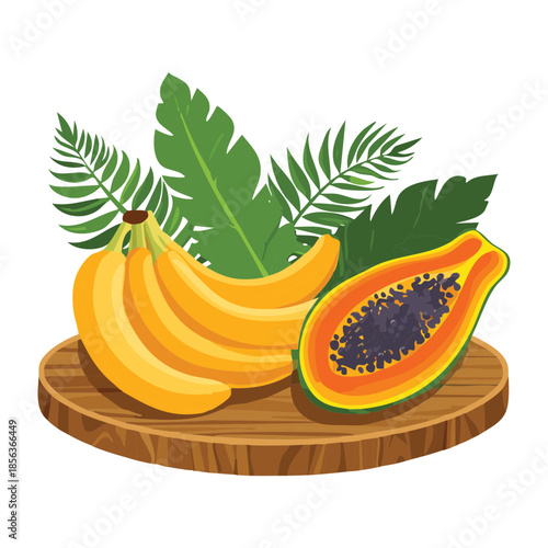 Tropical composition of bananas and papaya with monstera leaves on a wooden board for exotic food themes - Vector Illustration
