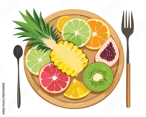 Tropical fruit plate with pineapple kiwi lime and pomegranate slices for exotic summer party and menu design - Vector Illustration