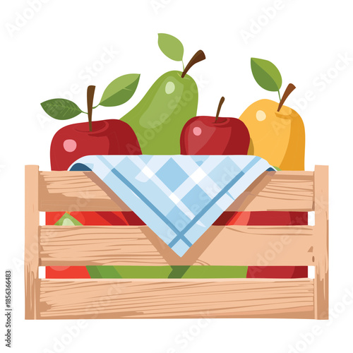 Assorted fresh apples and pears in a wooden crate with a blue napkin for farm market promotion - Vector Illustration