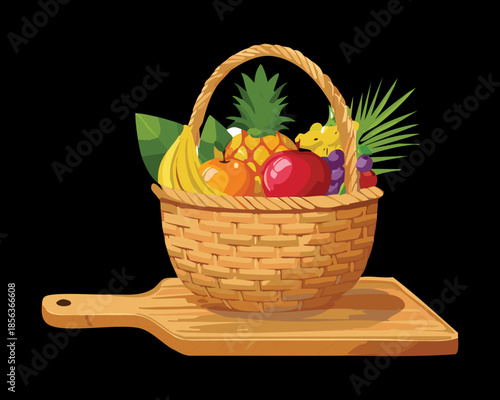 Handcrafted basket overflowing with exotic pineapple red apples and bunches of grapes on wooden stand - Vector Illustration