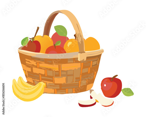 Woven wicker basket filled with fresh harvest apples pears and yellow bananas on wooden table surface - Vector Illustration