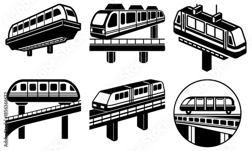 Monorail Train Silhouettes on Elevated Tracks with Transparent Background transportation