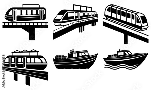 Monorail and Boat Silhouettes on White Background transportation