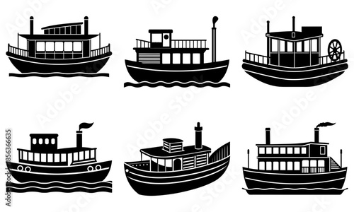 Six Black and White Steamboat Silhouettes on a White Background paddle steamer riverboat