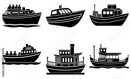 Six Different Types of Boats in Black Silhouette on White Background water