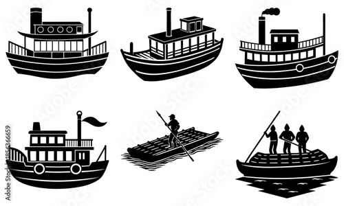 Six Black and White Boat Silhouettes on White Background