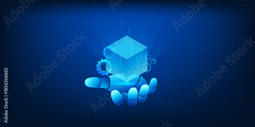 Artificial Intelligence and Blockchain Technology Concept, Robot Hand Holding Digital Data Block, AI Automation with Blockchain Network, Smart Contract, Decentralized System, Secure Digital Innovation
