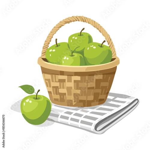 Woven wicker basket filled with crisp green apples placed on a kitchen towel for a rustic look - Vector Illustration