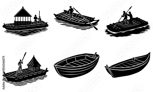 Black and white of people rowing boats with small huts on water