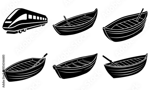 Set of black boats and train silhouette on white background