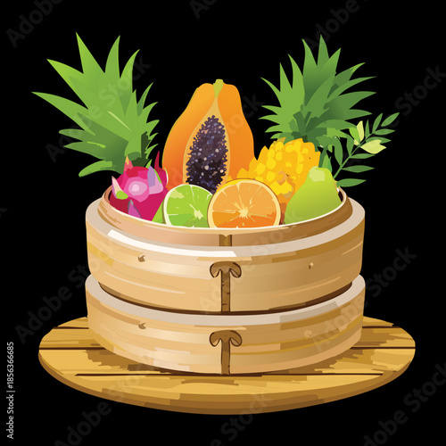 Papaya pineapple and assorted tropical fruits artistically arranged in a handcrafted bamboo steamer for healthy eating - Vector Illustration