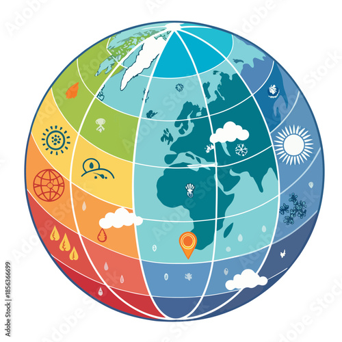 A colorful illustration of the Earth with diverse climates and weather