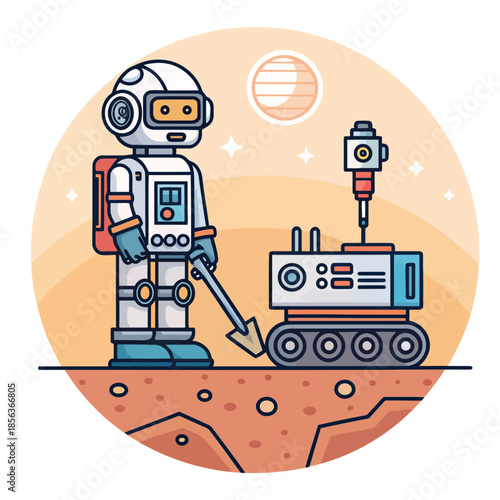 A cartoon robot stands on a planet with a rover and a tool