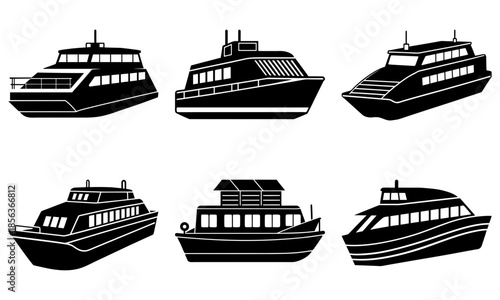 Six Black and White Boat Silhouettes on Transparent Background 1