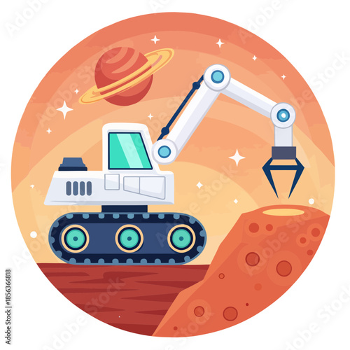 A cartoon excavator on a planet with a red landscape and stars