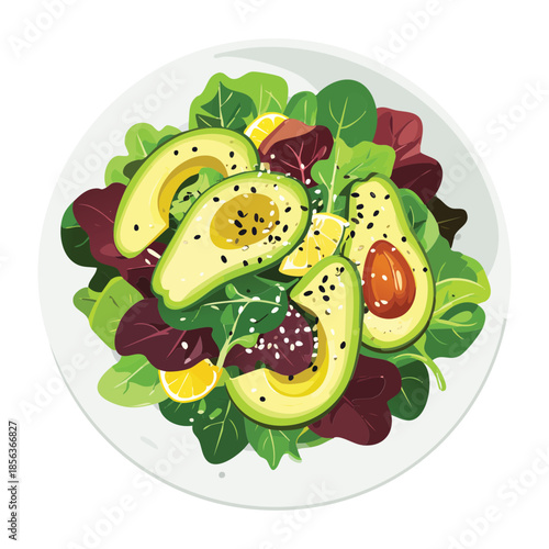 Fresh avocado and mixed greens salad with lemon dressing and sesame seeds on a white ceramic plate - Vector Illustration