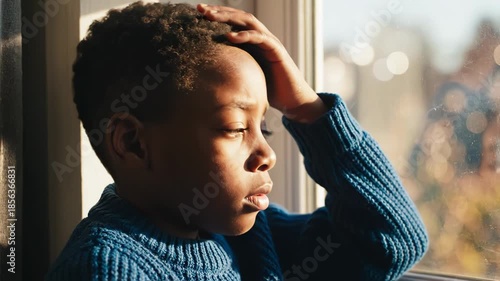 African american kid looking out window with hand on head feeling sad or worried