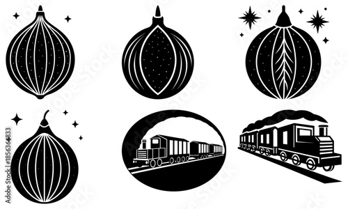 Christmas baubles and train on white background ornament locomotive