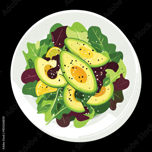 Nutritious green salad featuring sliced avocado and citrus lemon wedges on an elegant dark dining surface - Vector Illustration