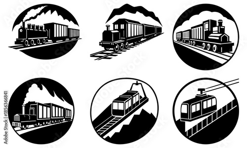 Six Black and White Train Silhouettes in Circular Frames on White Background locomotive steam engine