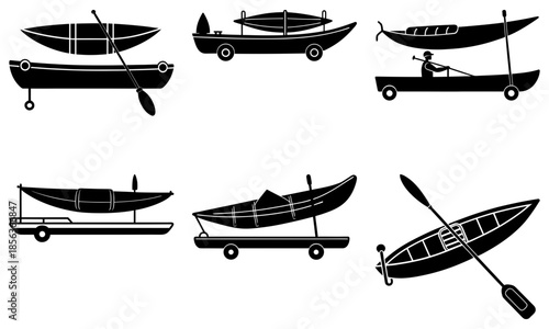 Six Black Canoe and Kayak Silhouettes on White Background boat