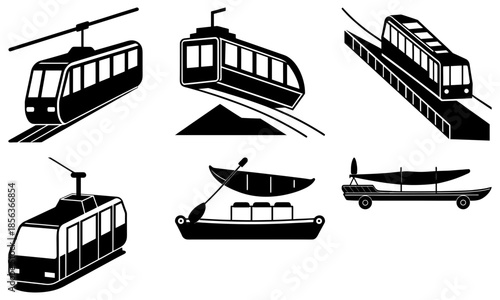 Black and white transportation vehicles including cable cars and boats on a white background ferry