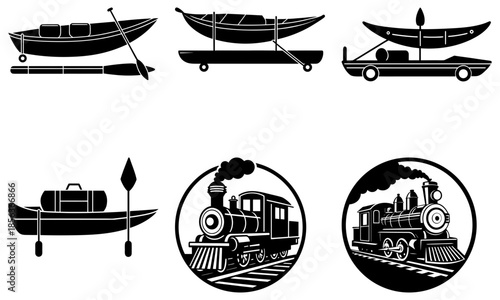 Vintage Transportation Silhouettes Including Canoes and Steam Locomotives boat train