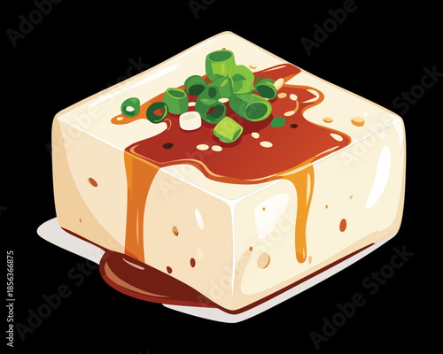 Thick block of silken tofu topped with spicy chili crisp sauce and sliced scallions for appetizer snack - Vector Illustration