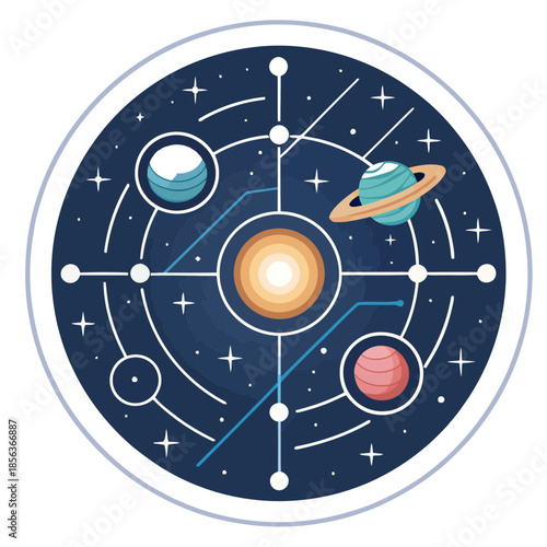 A vibrant illustration of the solar system in a circular diagram
