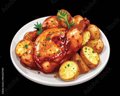 Savory glazed roasted chicken and potatoes served on a dark ceramic plate for gourmet dining experience - Vector Illustration